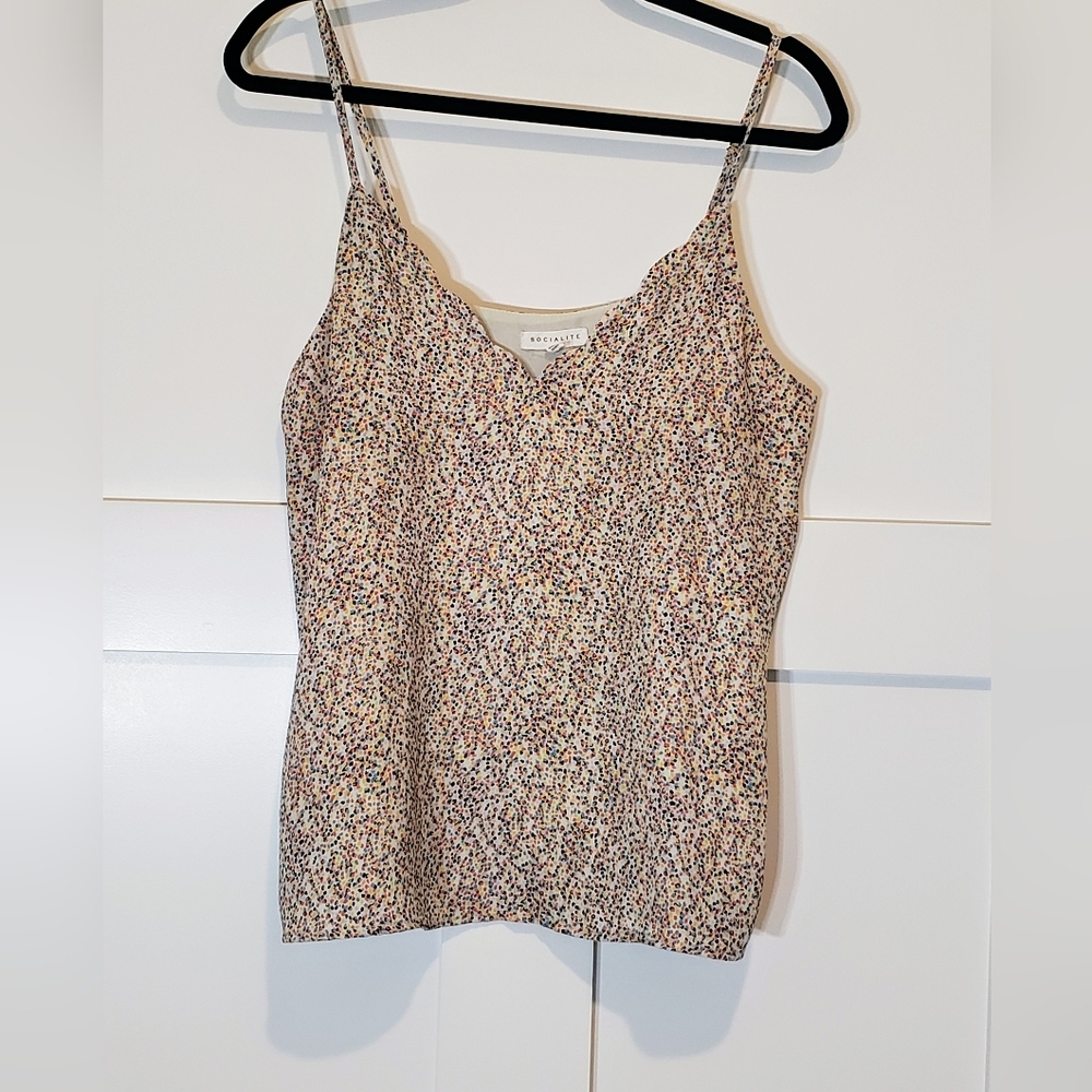 Socialite Confetti Cami Tank Lined Scalloped V Neck Muti Colored Size Medium